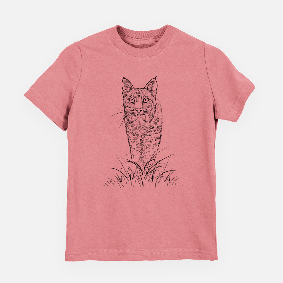 Mauve pink youth t-shirt laid flat, printed with a black ink illustration of a bobcat standing in tall grass, facing forward.