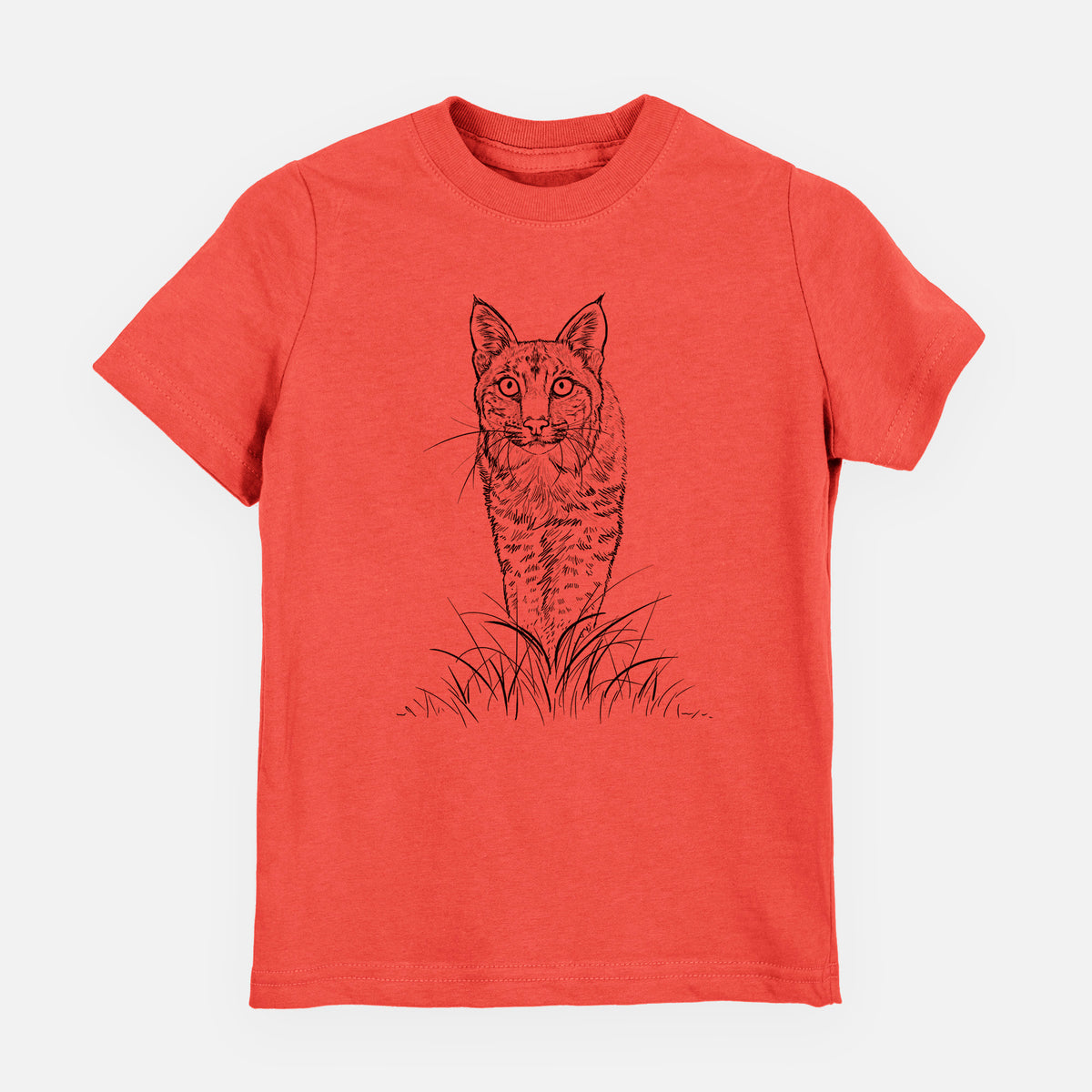 Passionfruit pink youth t-shirt laid flat, printed with a black ink illustration of a bobcat standing in tall grass, facing forward.