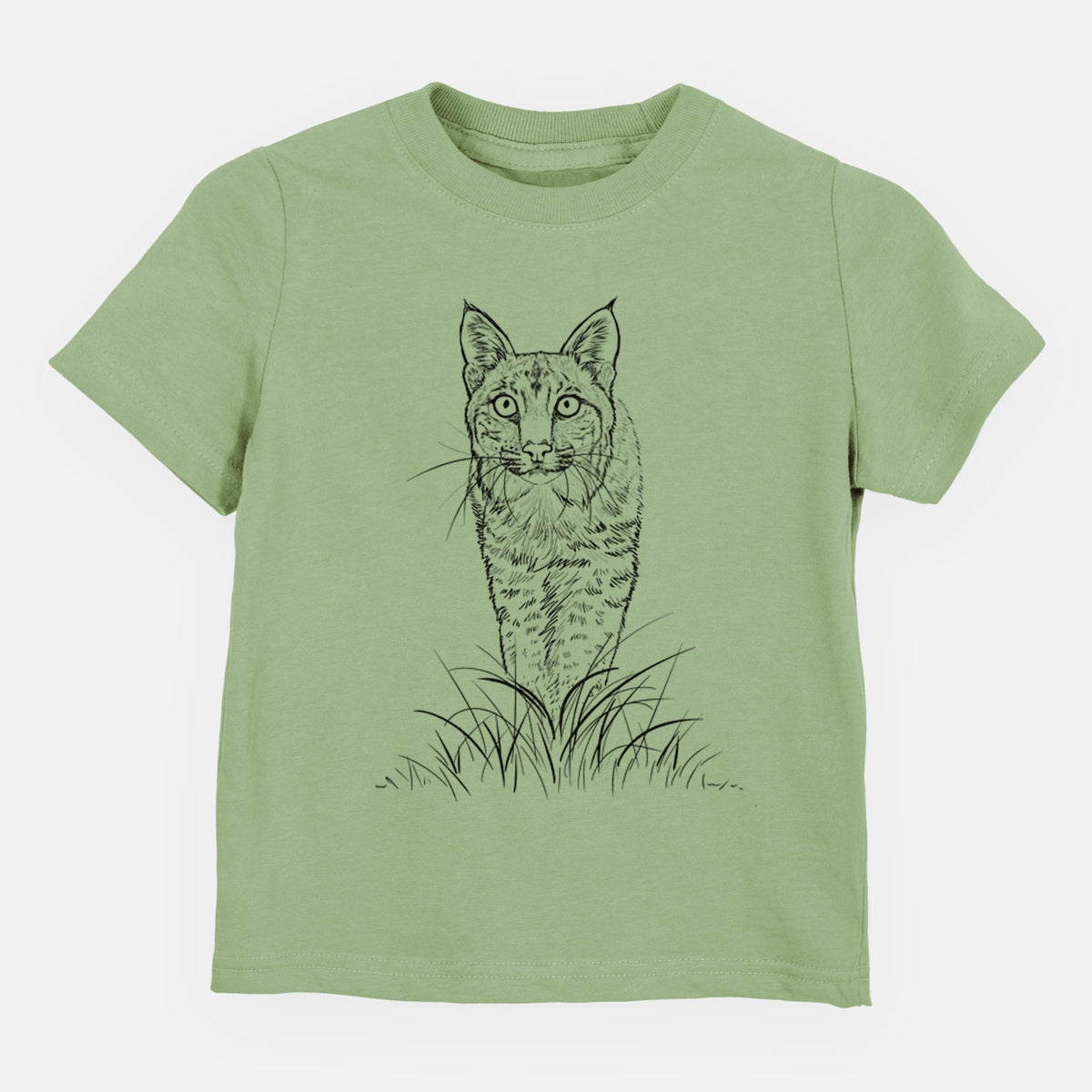 Sage green toddler t-shirt laid flat, printed with a black ink illustration of a bobcat standing in tall grass, facing forward.