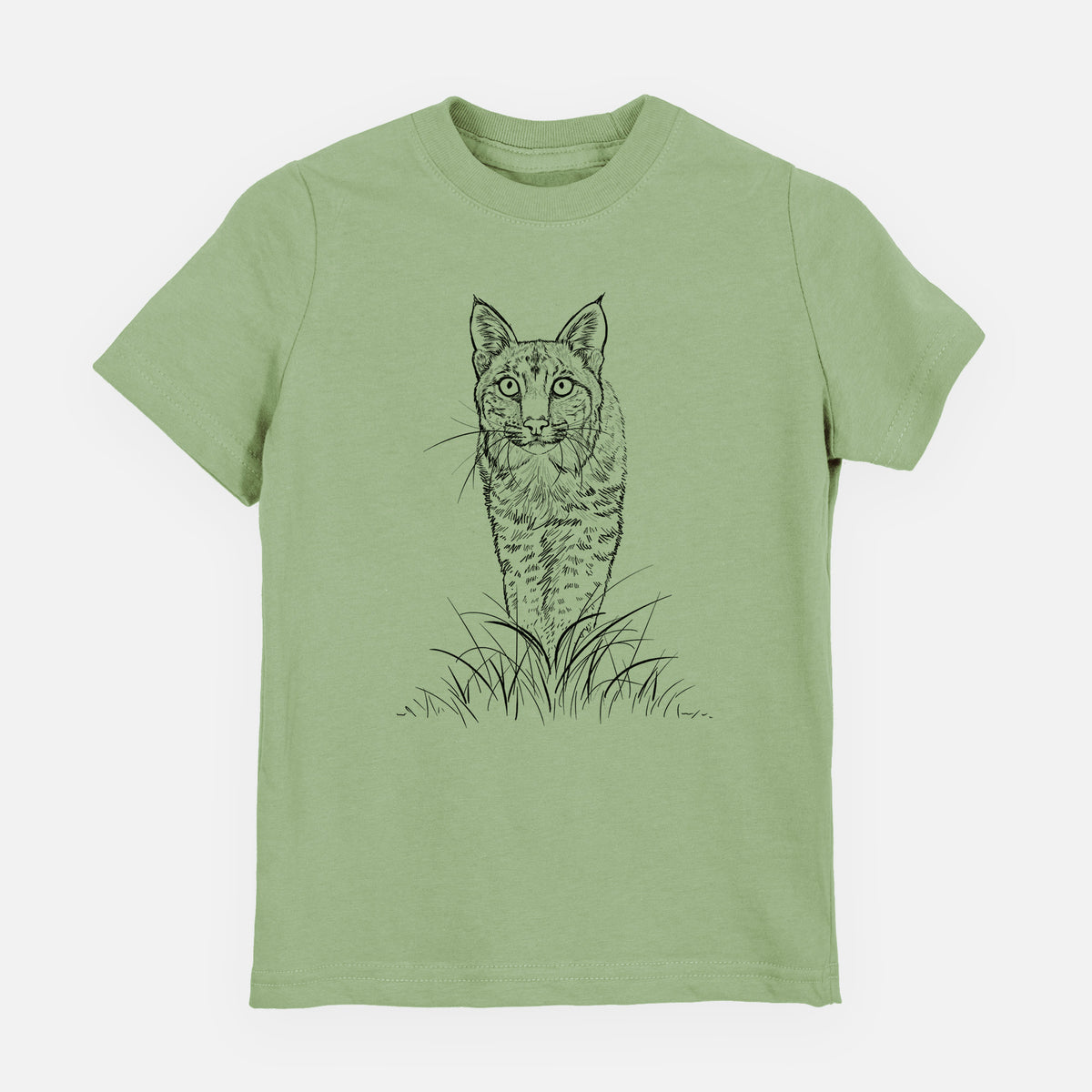 Sage green youth t-shirt laid flat, printed with a black ink illustration of a bobcat standing in tall grass, facing forward.