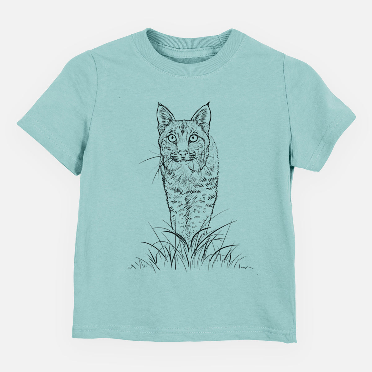 Saltwater toddler t-shirt laid flat, printed with a black ink illustration of a bobcat standing in tall grass, facing forward.