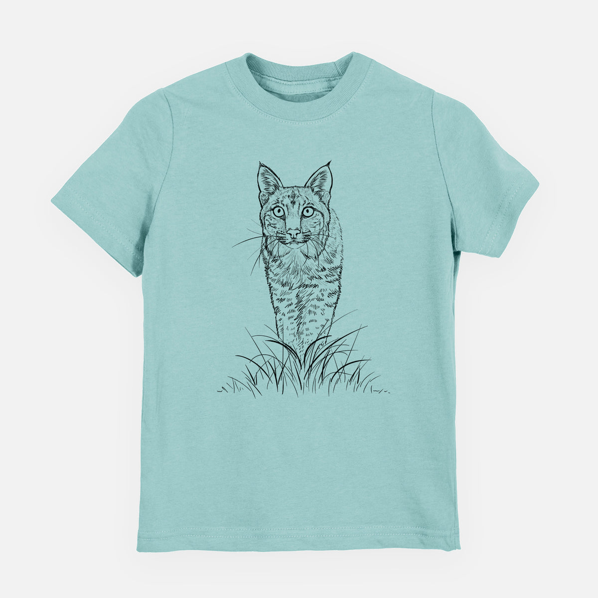Saltwater youth t-shirt laid flat, printed with a black ink illustration of a bobcat standing in tall grass, facing forward.