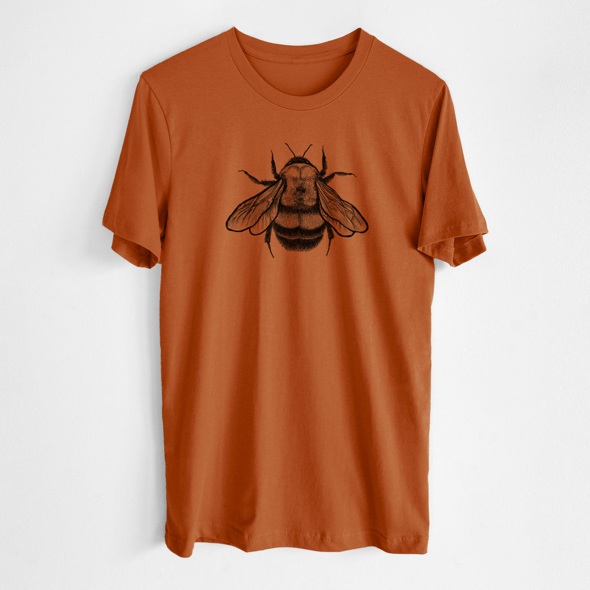 Autumn lightweight cotton t-shirt laid flat, printed with a detailed black ink illustration of a rusty patched bumble bee with its wings spread, seen from above.