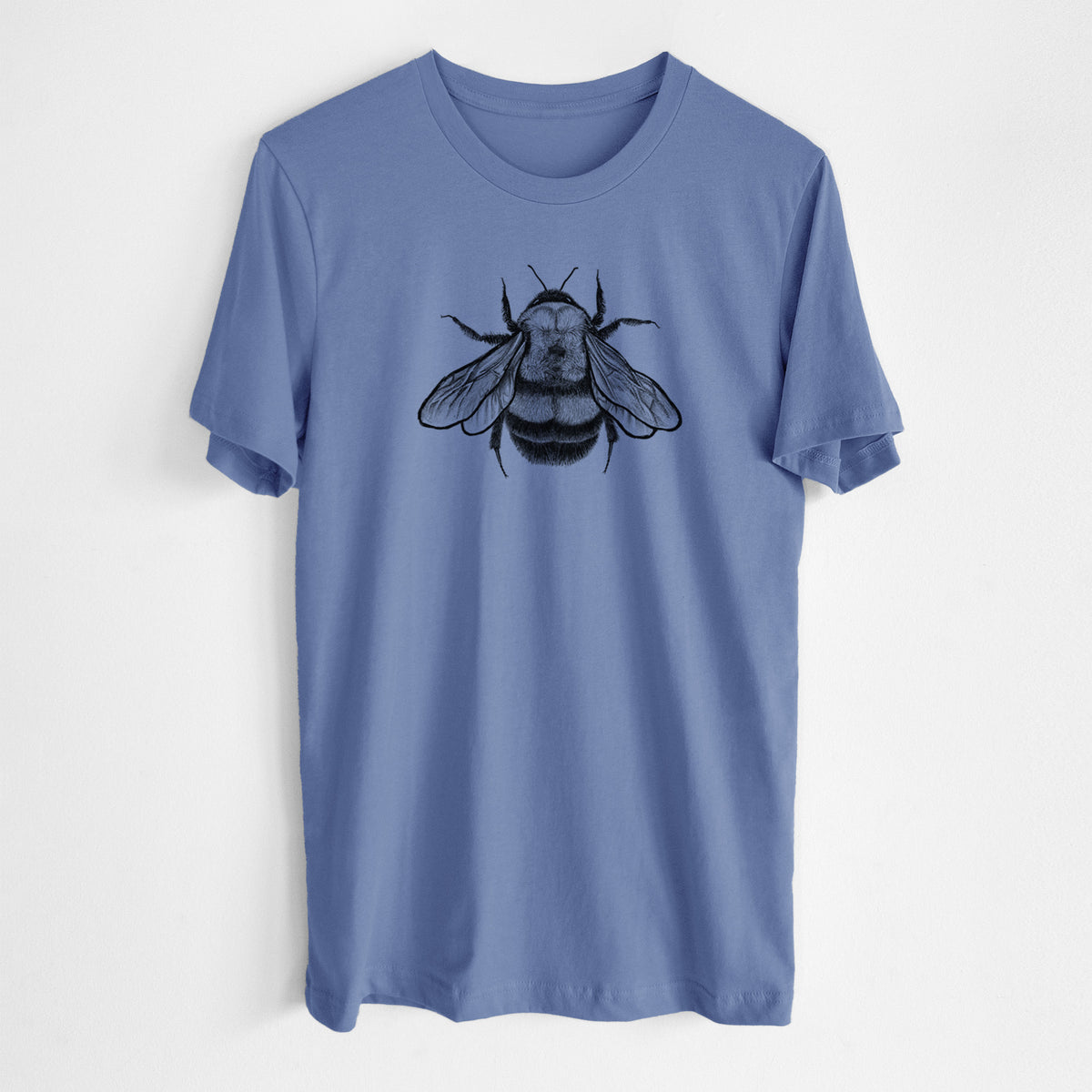 Blue bell lightweight cotton t-shirt laid flat, printed with a detailed black ink illustration of a rusty patched bumble bee with its wings spread, seen from above.