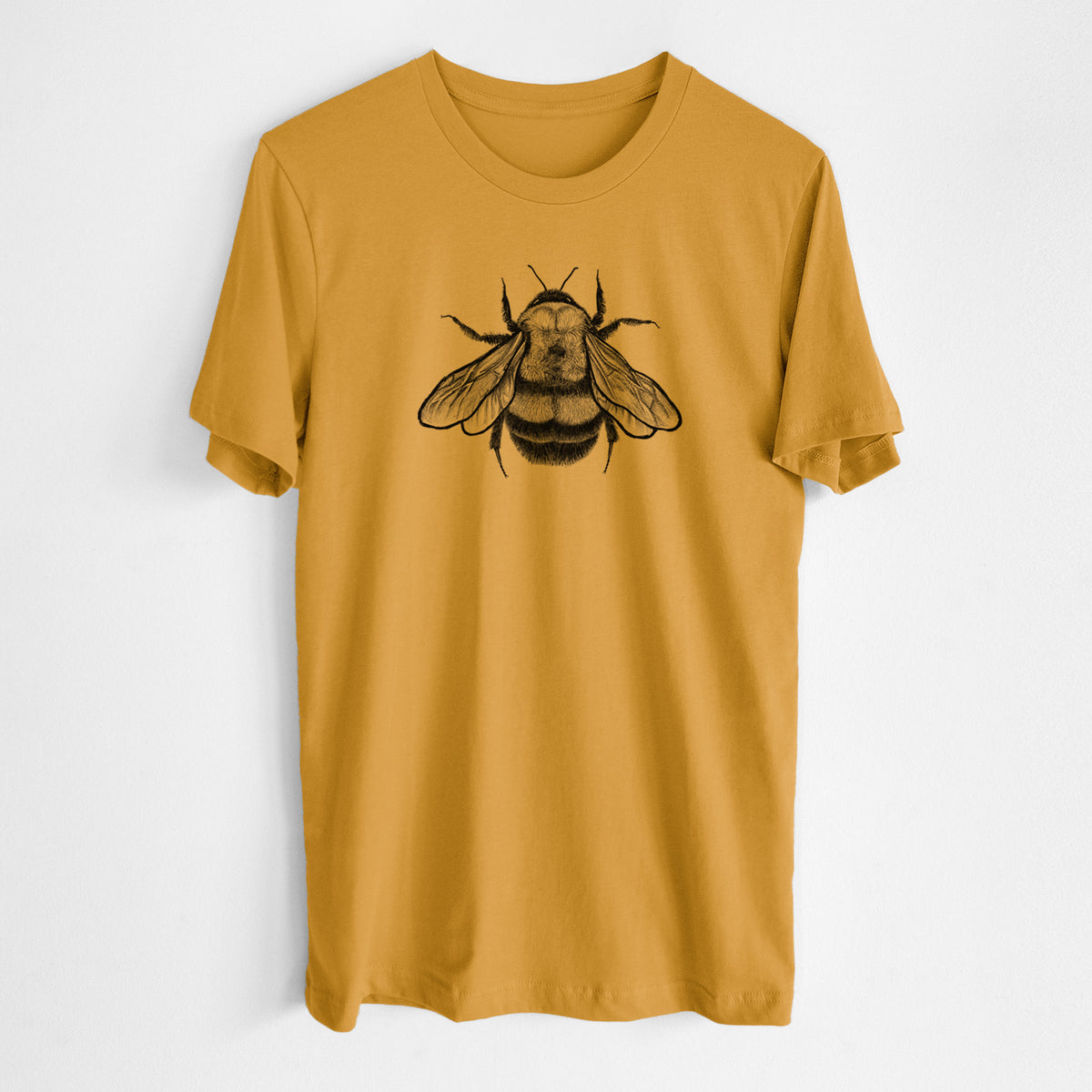 Honeycomb yellow lightweight cotton t-shirt laid flat, printed with a detailed black ink illustration of a rusty patched bumble bee with its wings spread, seen from above.