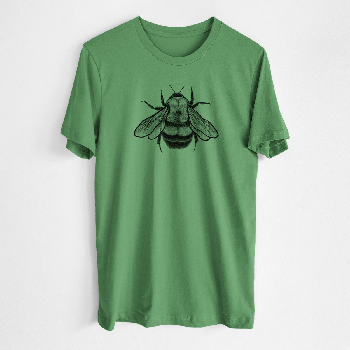 Leaf green lightweight cotton t-shirt laid flat, printed with a detailed black ink illustration of a rusty patched bumble bee with its wings spread, seen from above.