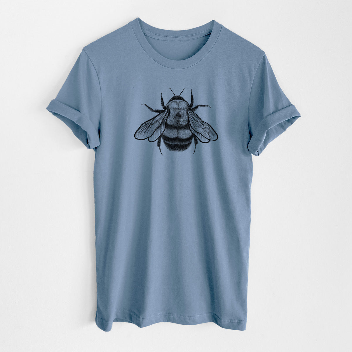 Steel blue lightweight cotton t-shirt laid flat, printed with a detailed black ink illustration of a rusty patched bumble bee with its wings spread, seen from above.