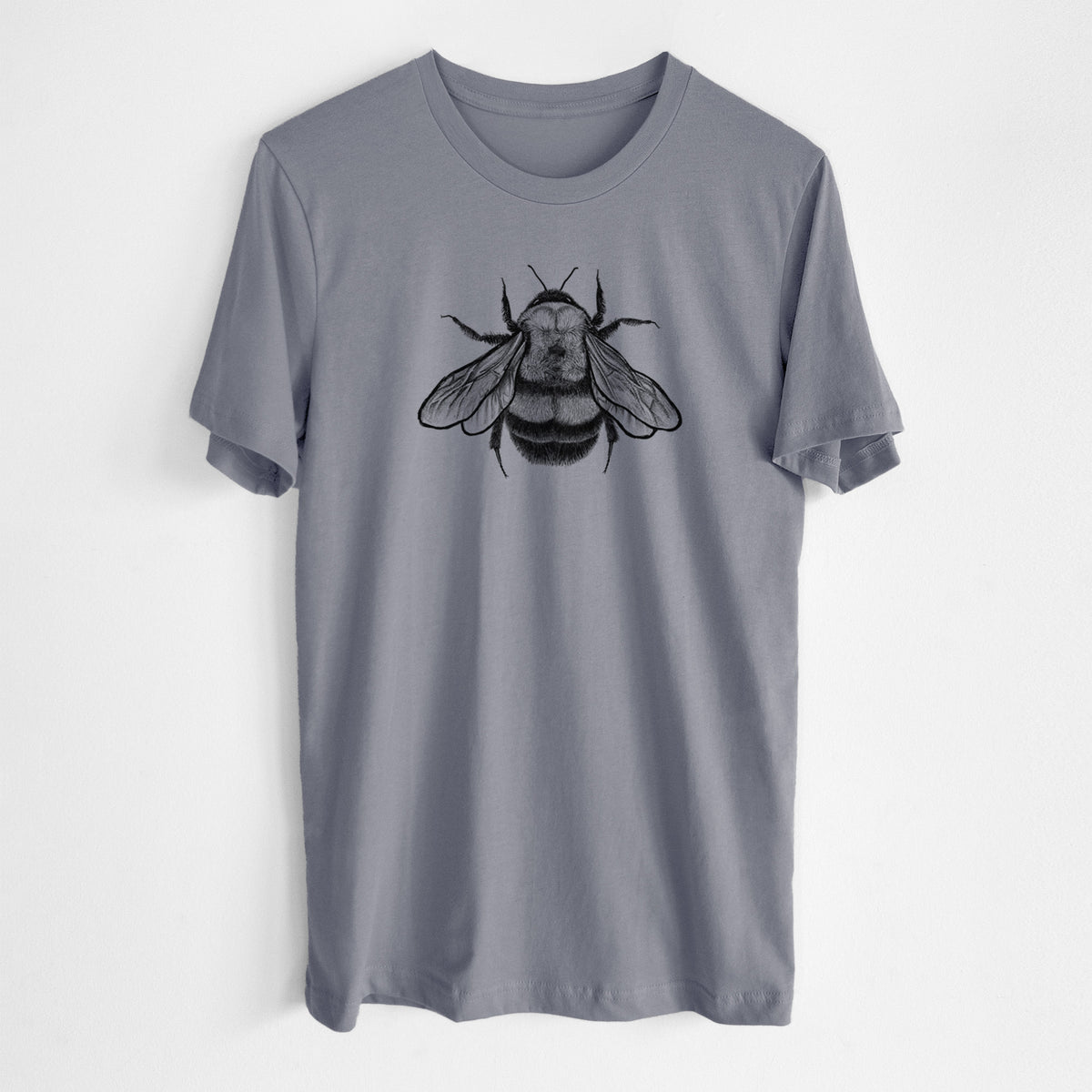 Storm grey lightweight cotton t-shirt laid flat, printed with a detailed black ink illustration of a rusty patched bumble bee with its wings spread, seen from above.