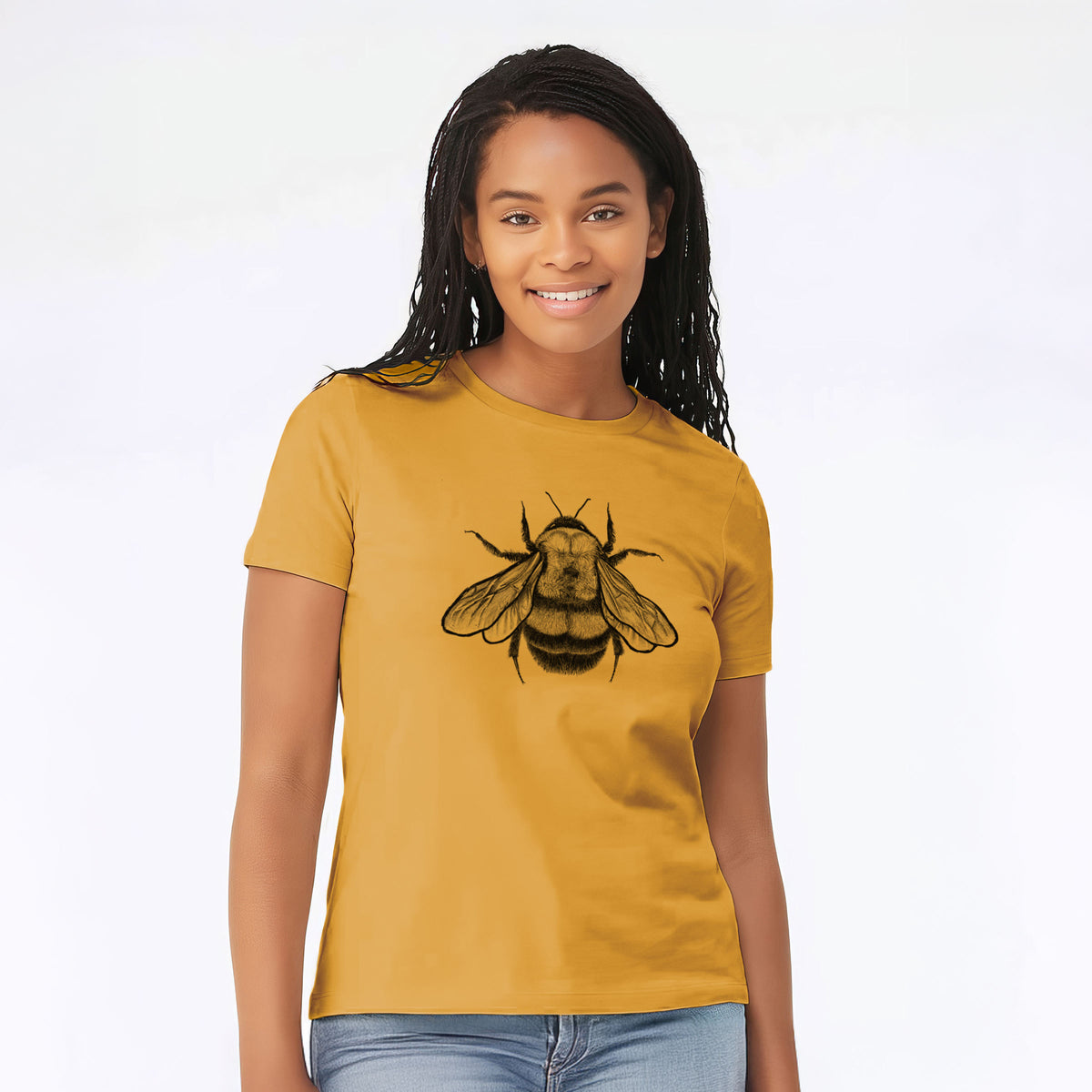 Woman wearing a mustard yellow women's relaxed fit cotton t-shirt printed with a detailed black ink illustration of a rusty patched bumble bee with its wings spread, seen from above.