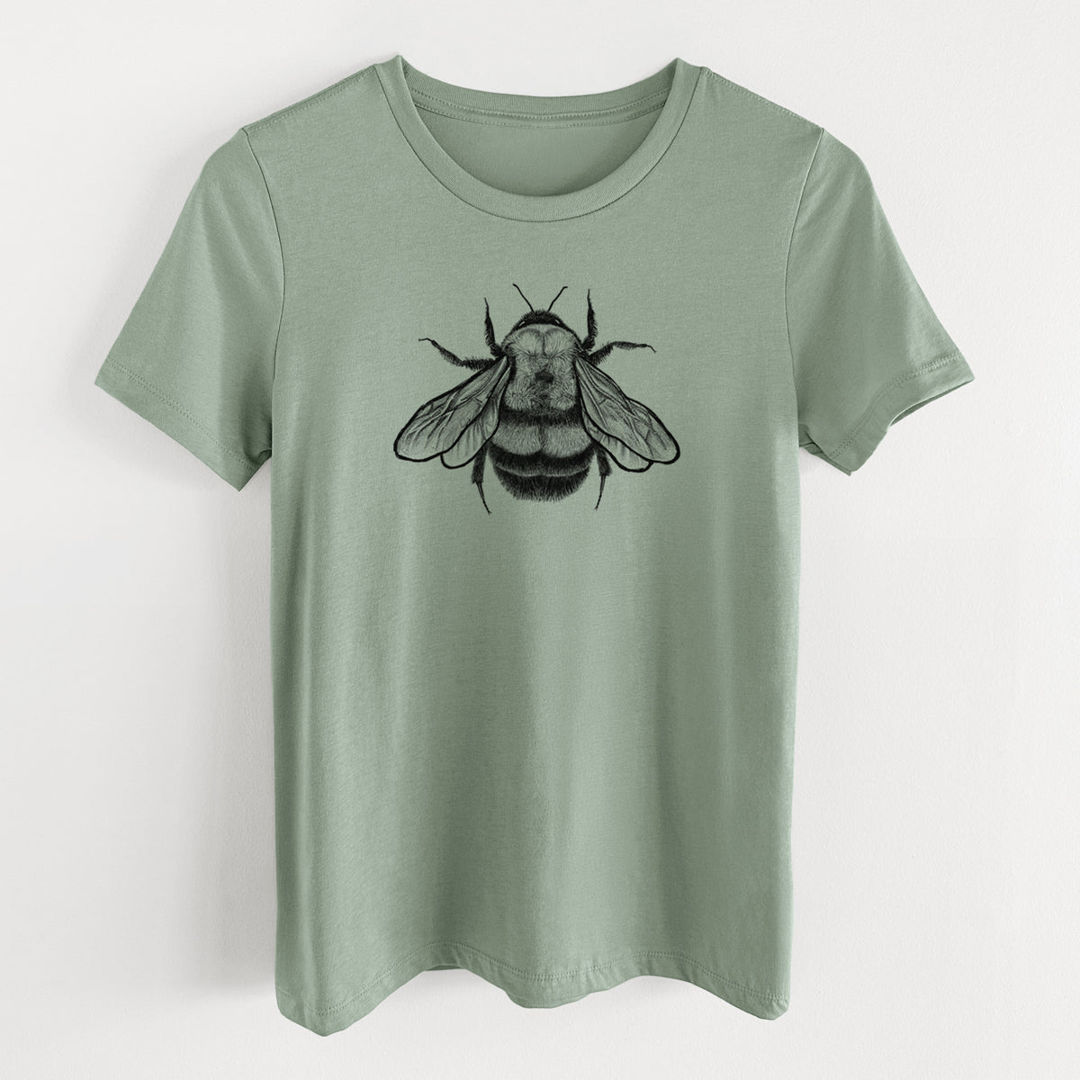 Sage green women's relaxed fit cotton t-shirt laid flat, printed with a detailed black ink illustration of a rusty patched bumble bee with its wings spread, seen from above.