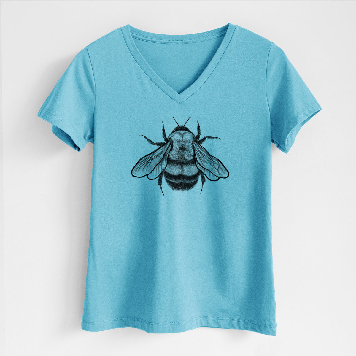 Turquoise women's relaxed fit cotton V-neck t-shirt laid flat, printed with a detailed black ink illustration of a rusty patched bumble bee with its wings spread, seen from above.