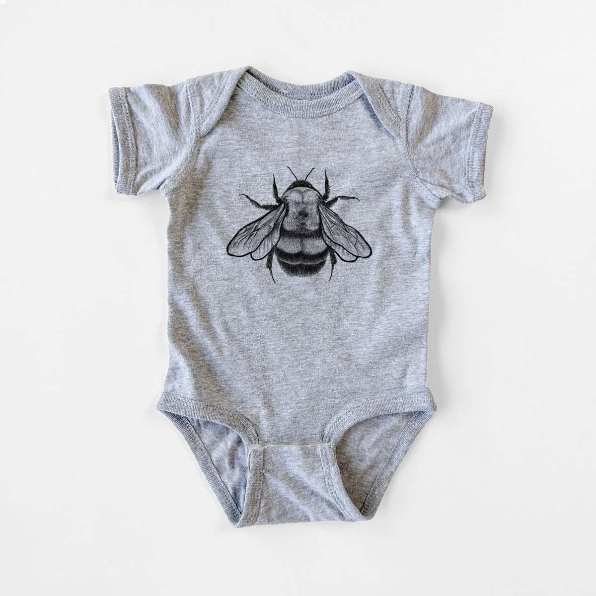 Grey baby bodysuit laid flat, printed with a detailed black ink illustration of a rusty patched bumble bee with its wings spread, seen from above.