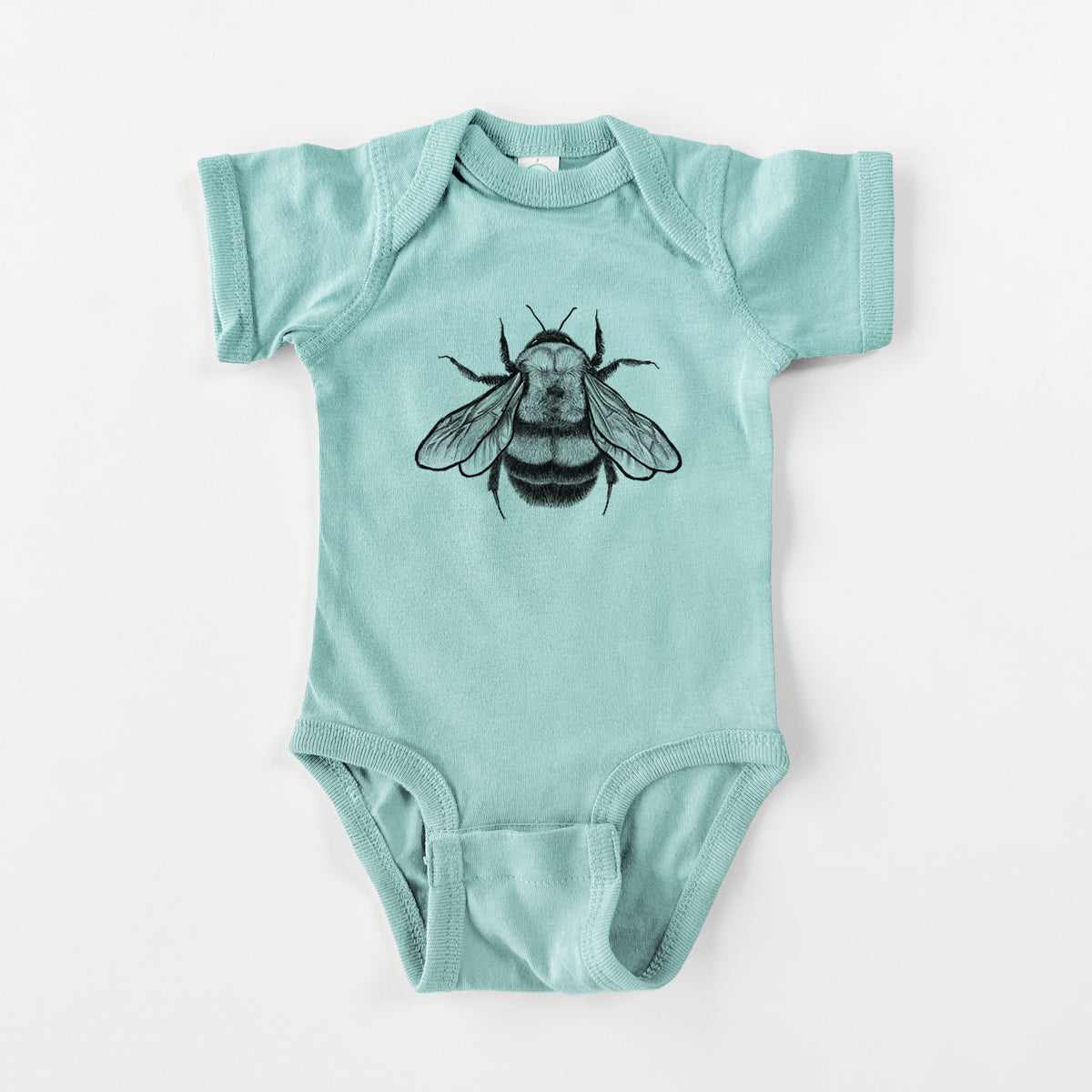 Saltwater baby bodysuit laid flat, printed with a detailed black ink illustration of a rusty patched bumble bee with its wings spread, seen from above.
