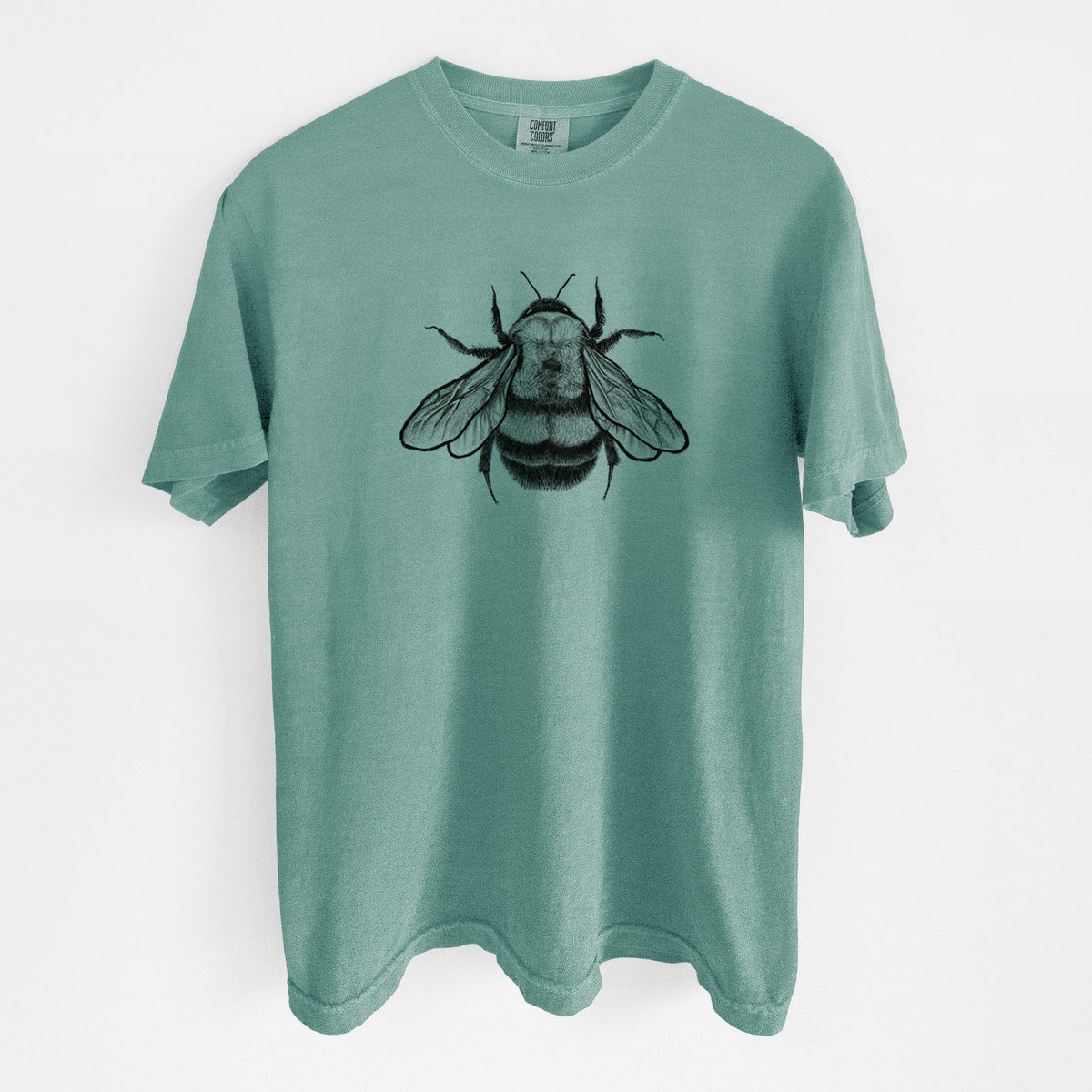Reef green Comfort Colors t-shirt laid flat, printed with a detailed black ink illustration of a rusty patched bumble bee with its wings spread, seen from above.
