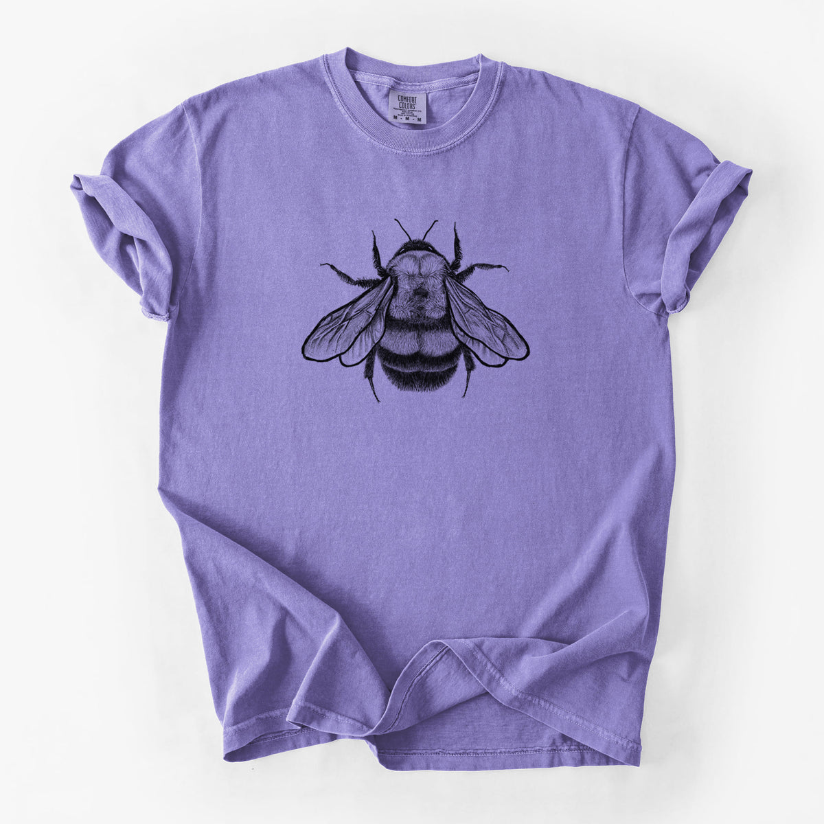 Violet purple Comfort Colors t-shirt laid flat, printed with a detailed black ink illustration of a rusty patched bumble bee with its wings spread, seen from above.