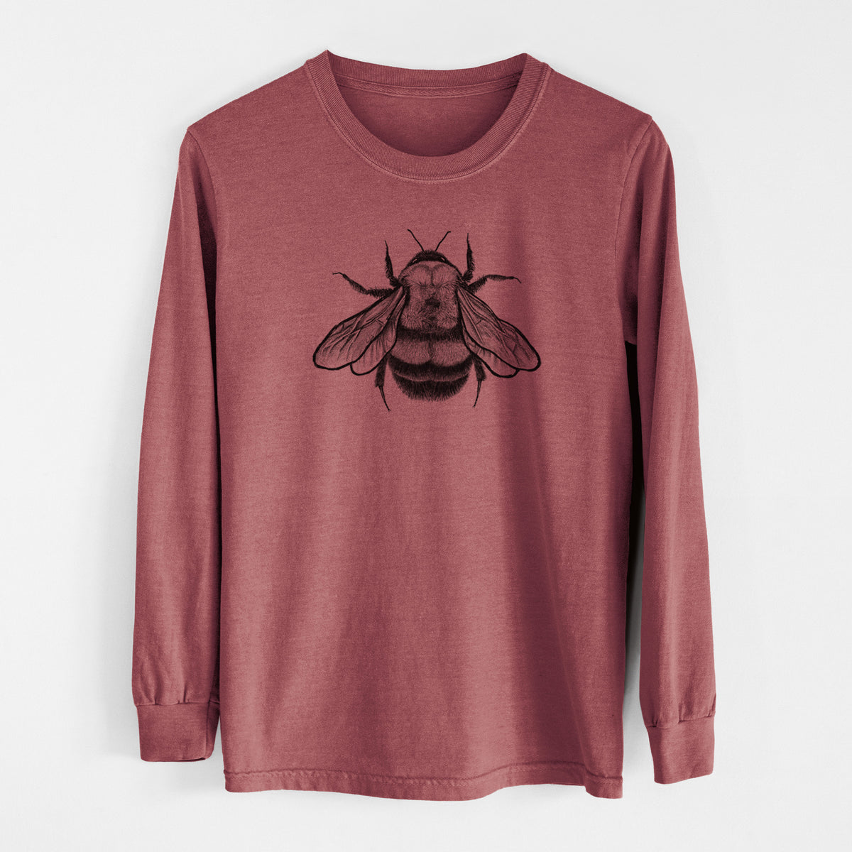 Brick red Comfort Colors long sleeve shirt laid flat, printed with a detailed black ink illustration of a rusty patched bumble bee with its wings spread, seen from above.