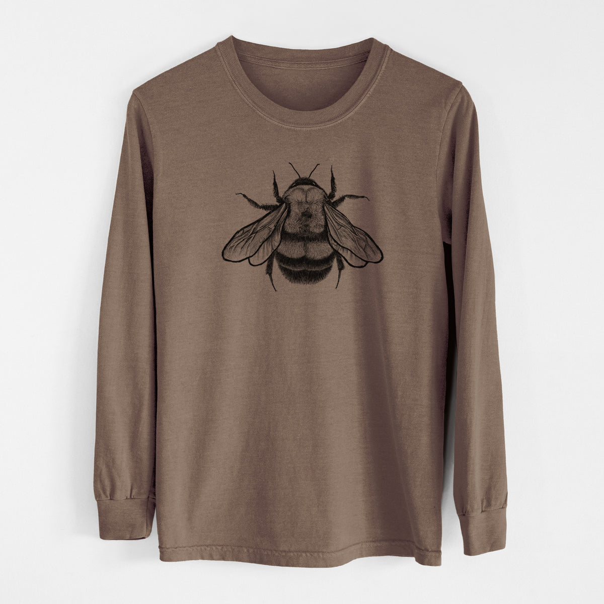 Espresso brown Comfort Colors long sleeve shirt laid flat, printed with a detailed black ink illustration of a rusty patched bumble bee with its wings spread, seen from above.