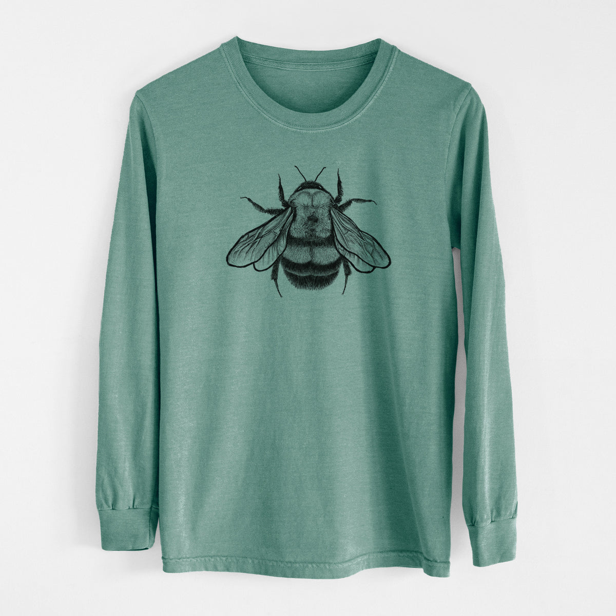 Pine green Comfort Colors long sleeve shirt laid flat, printed with a detailed black ink illustration of a rusty patched bumble bee with its wings spread, seen from above.
