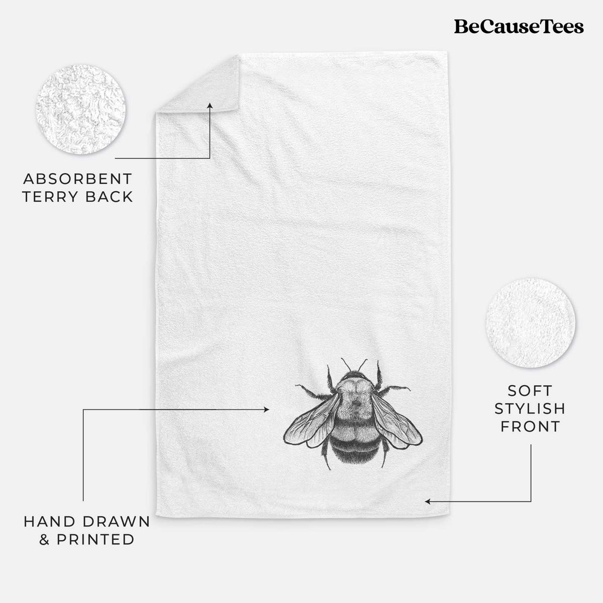 White hand towel printed with a detailed black ink illustration of a rusty patched bumble bee with its wings spread, seen from above.