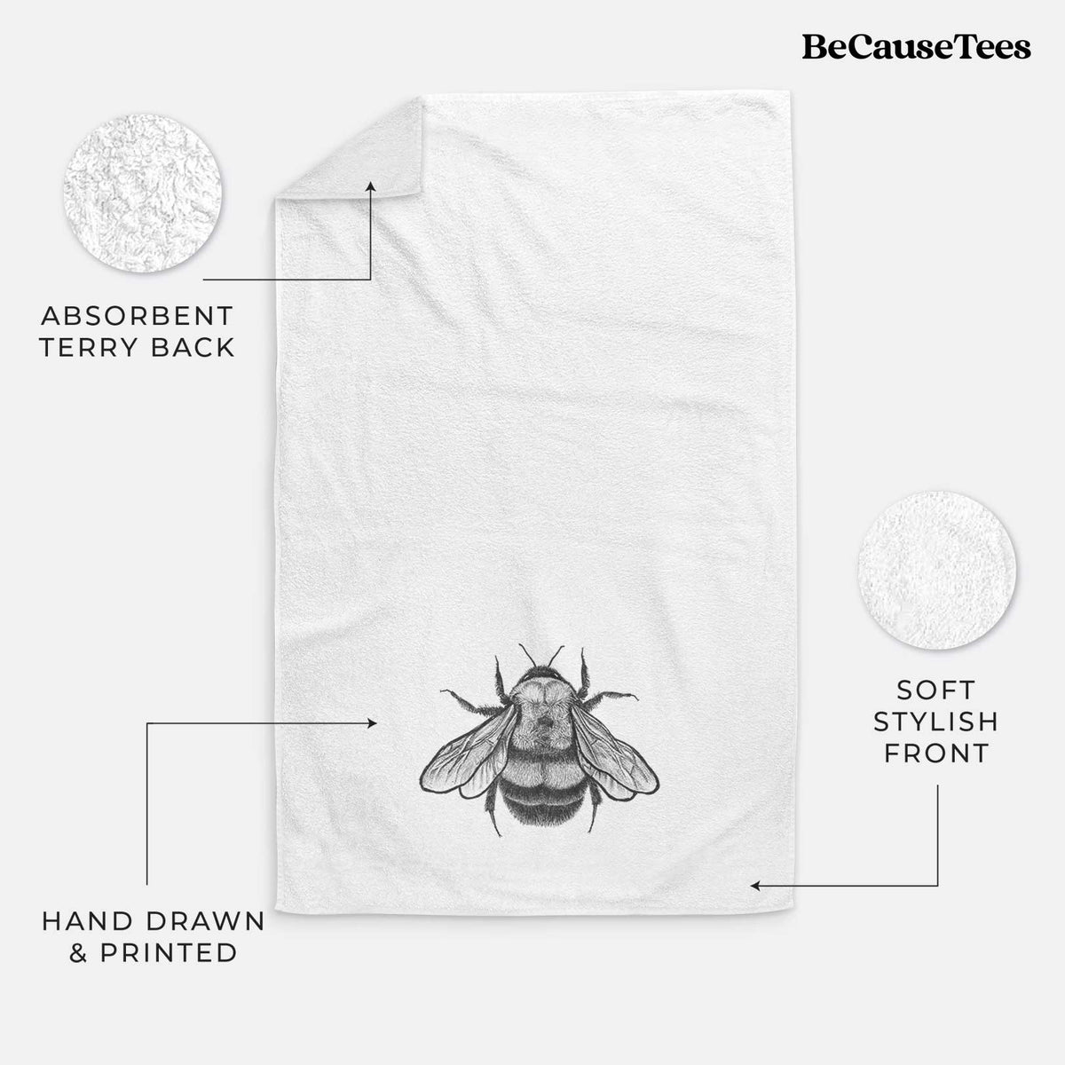 White hand towel printed with a detailed black ink illustration of a rusty patched bumble bee with its wings spread, seen from above.