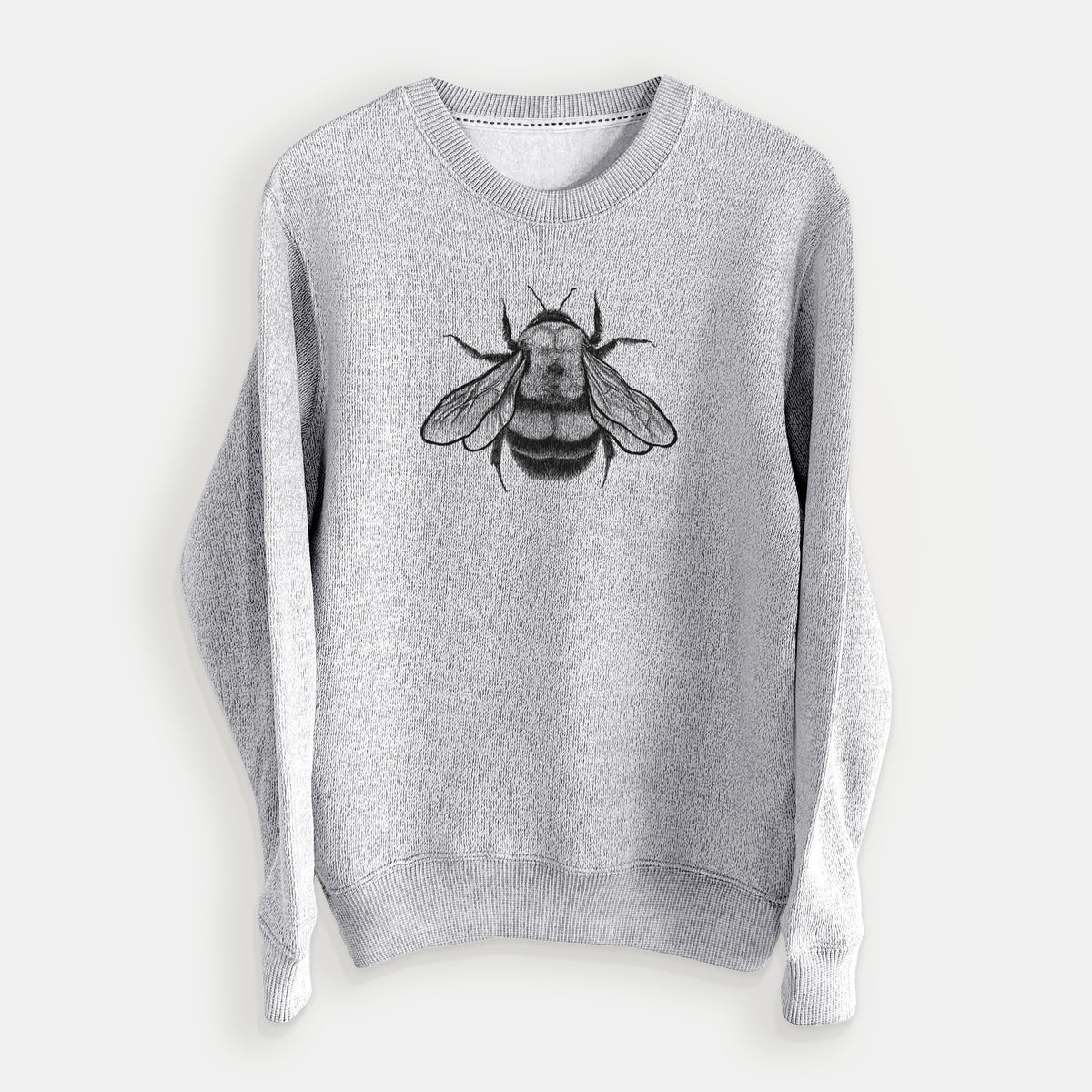 Salt and pepper knit sweatshirt laid flat, printed with a detailed black ink illustration of a rusty patched bumble bee with its wings spread, seen from above.