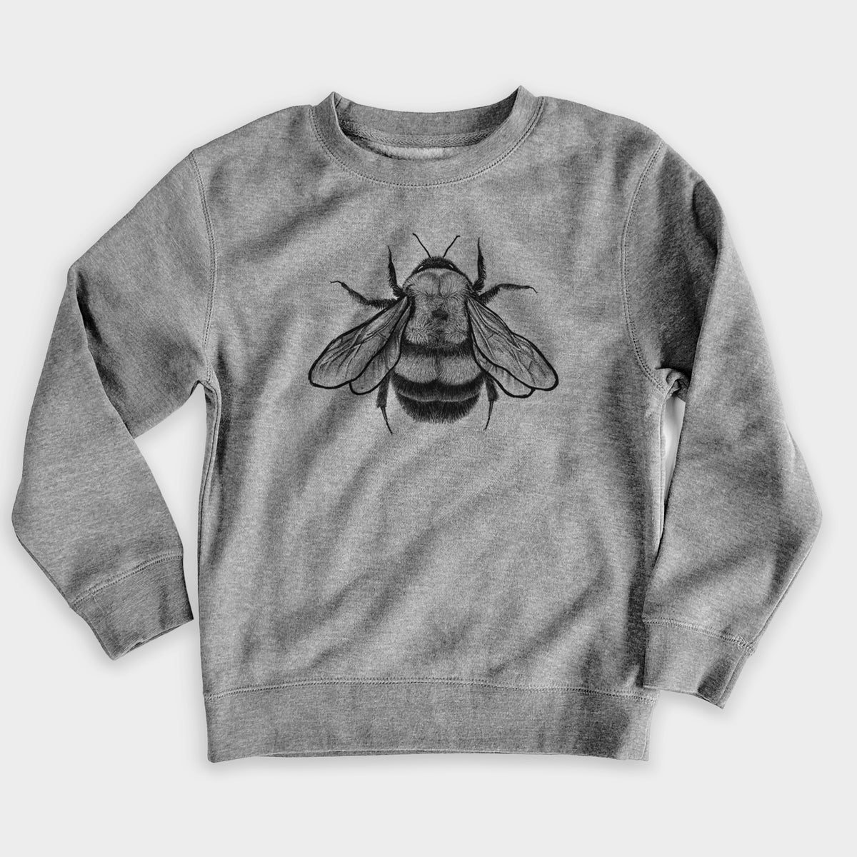 Nickel grey youth crewneck sweatshirt laid flat, printed with a detailed black ink illustration of a rusty patched bumble bee with its wings spread, seen from above.