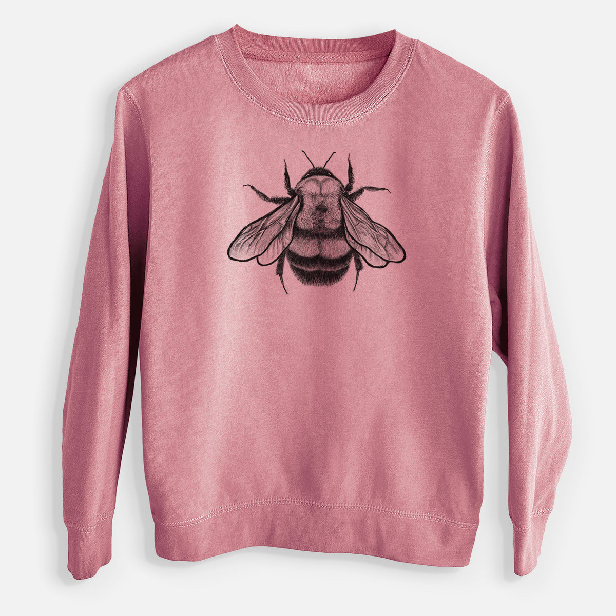 Mauve pink youth crewneck sweatshirt laid flat, printed with a detailed black ink illustration of a rusty patched bumble bee with its wings spread, seen from above.