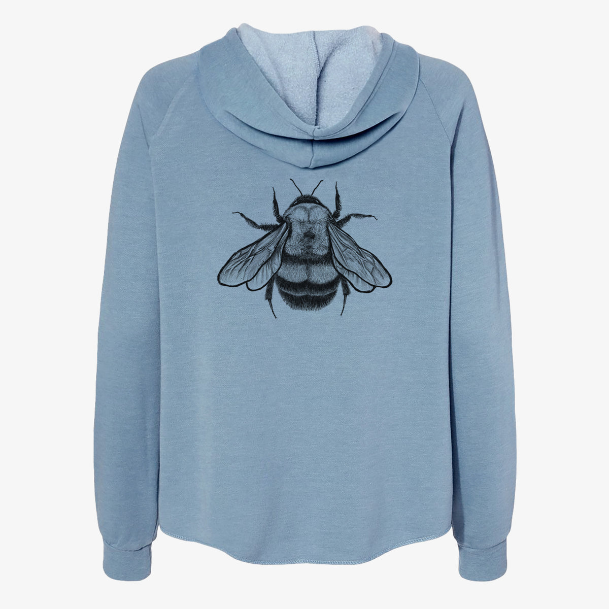Misty blue women's Cali Wave zip-up sweatshirt laid flat, printed with a detailed black ink illustration of a rusty patched bumble bee with its wings spread, seen from above.