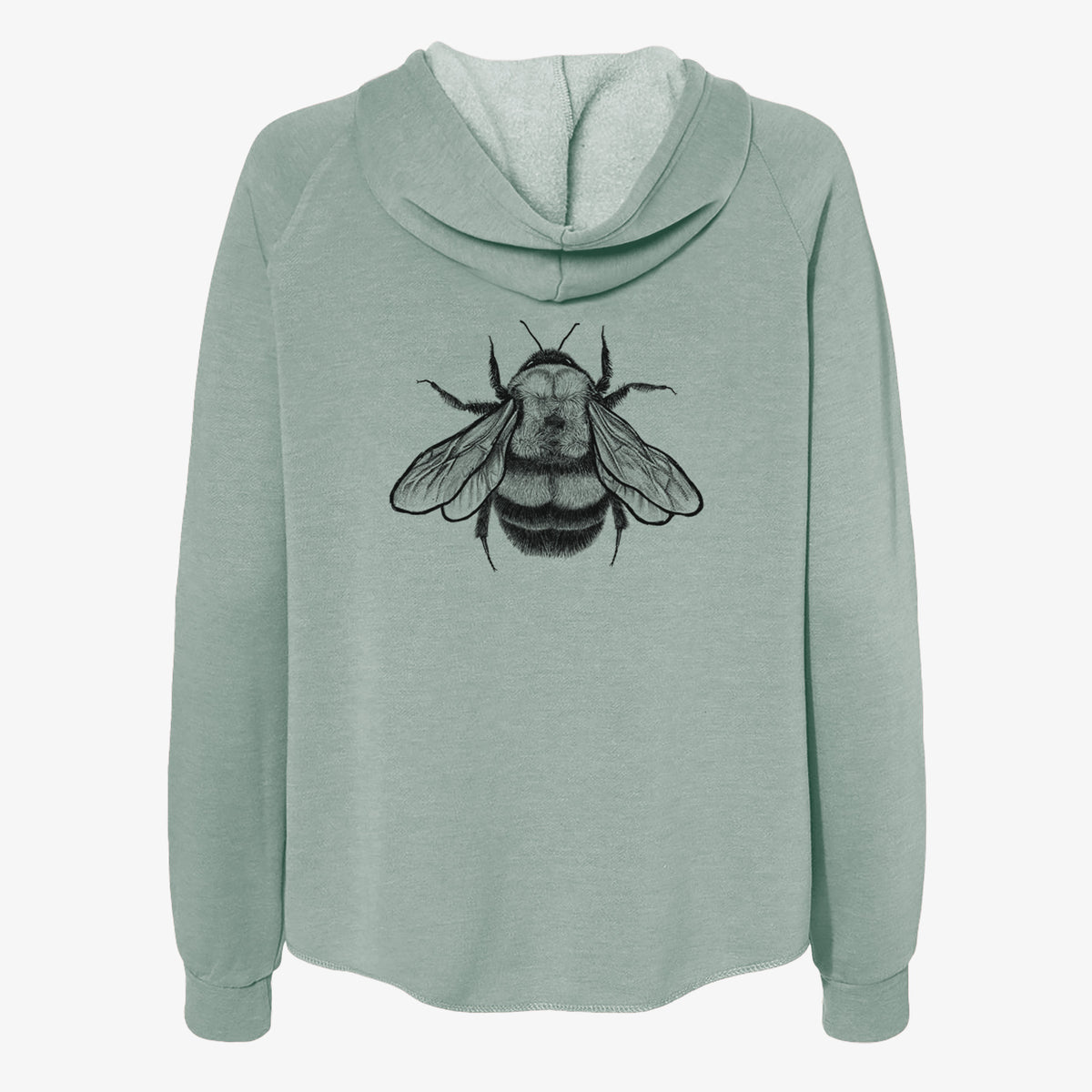 Sage green women's Cali Wave zip-up sweatshirt laid flat, printed with a detailed black ink illustration of a rusty patched bumble bee with its wings spread, seen from above.