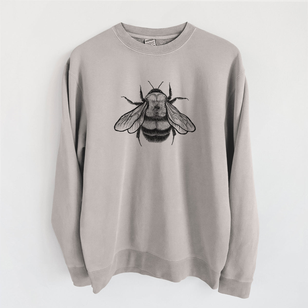 Cement grey pigment dyed crewneck sweatshirt laid flat, printed with a detailed black ink illustration of a rusty patched bumble bee with its wings spread, seen from above.
