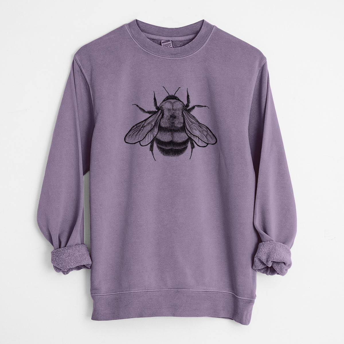 Plum purple pigment dyed crewneck sweatshirt laid flat with the sleeves rolled, printed with a detailed black ink illustration of a rusty patched bumble bee with its wings spread, seen from above.
