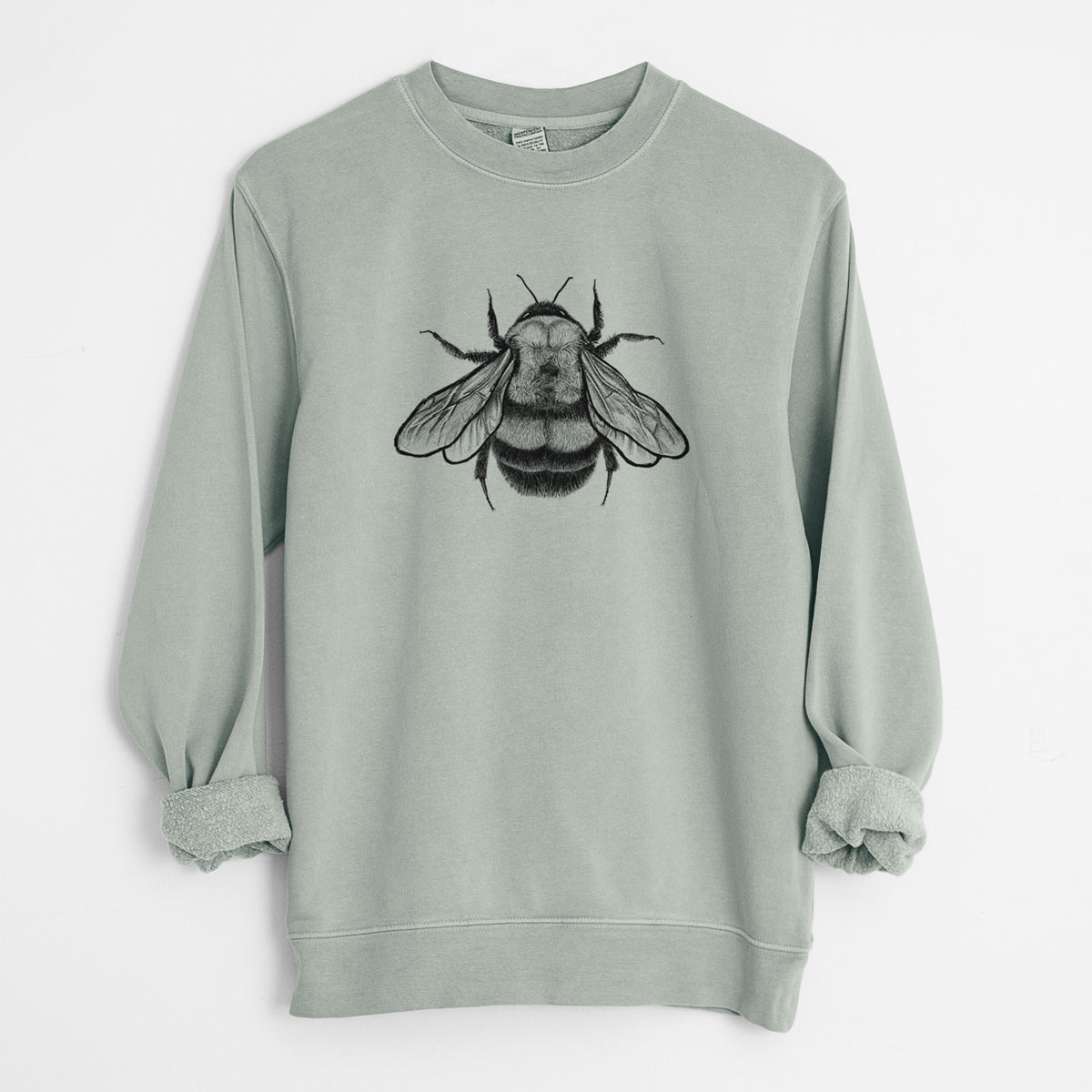Sage green pigment dyed crewneck sweatshirt laid flat with the sleeves rolled, printed with a detailed black ink illustration of a rusty patched bumble bee with its wings spread, seen from above.
