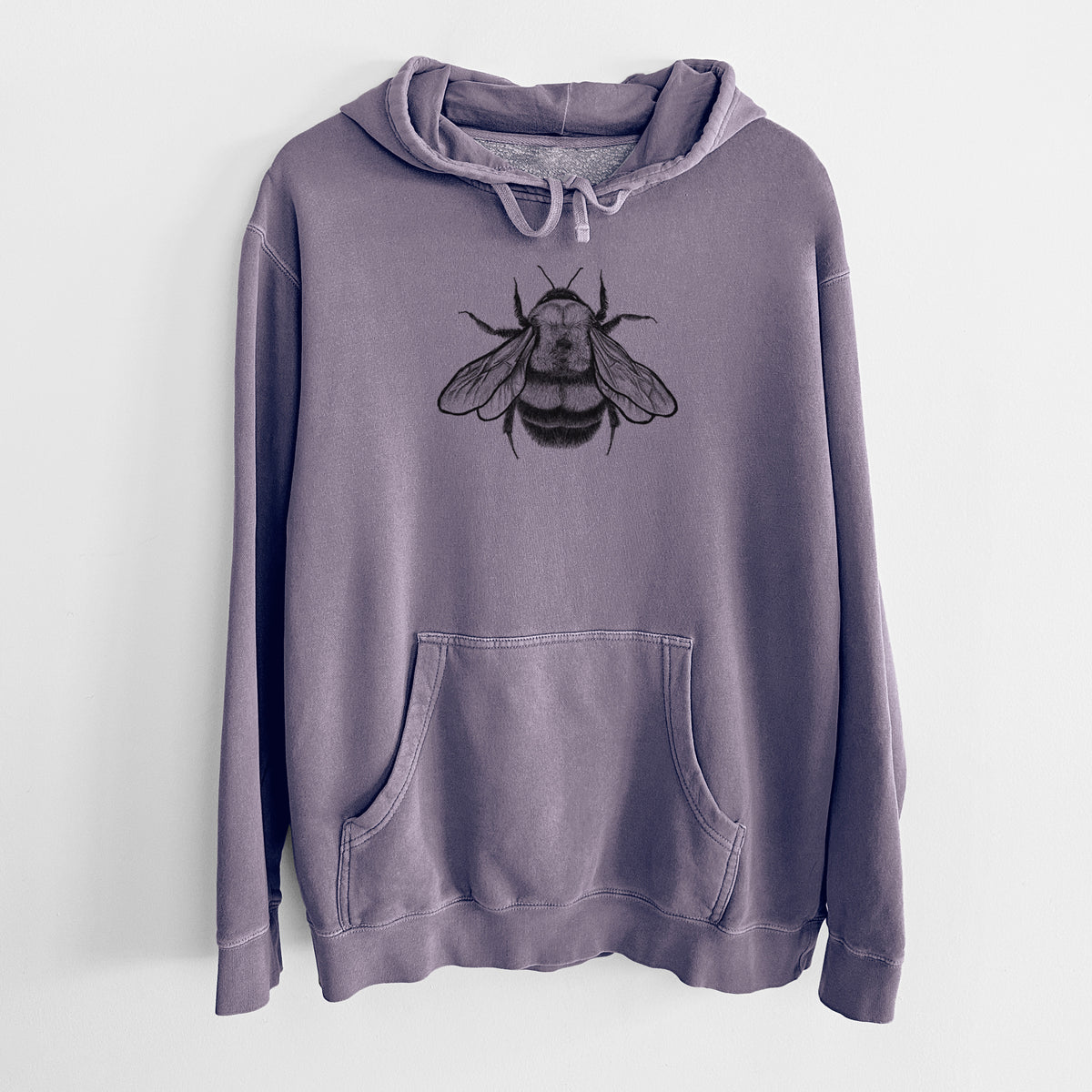 Plum purple pigment dyed hoodie laid flat, printed with a detailed black ink illustration of a rusty patched bumble bee with its wings spread, seen from above.