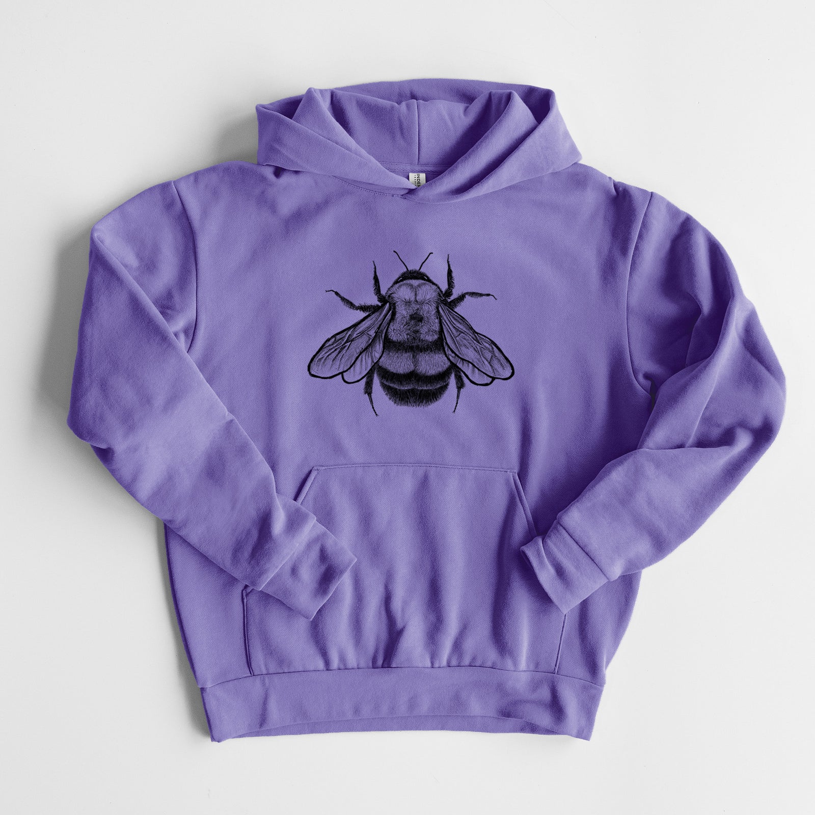 Bombus Affinis - Rusty-Patched Bumble Bee - Statement Midweight Hoodie in Violet, laid flat, showing the oversized boxy fit and front kangaroo pocket.