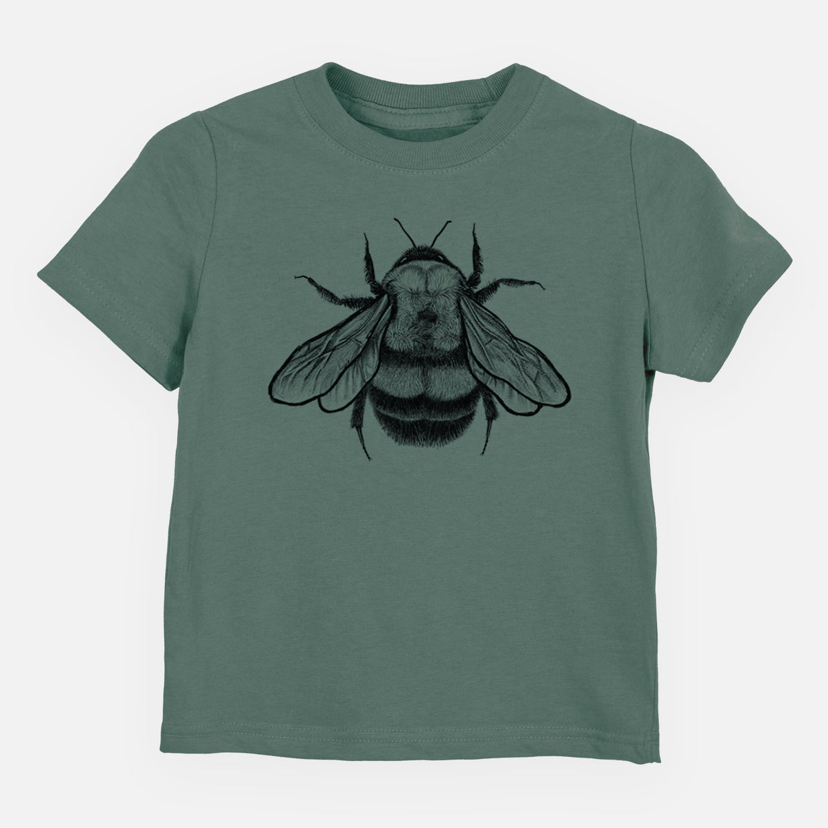 Basil green toddler t-shirt laid flat, printed with a detailed black ink illustration of a rusty patched bumble bee with its wings spread, seen from above.