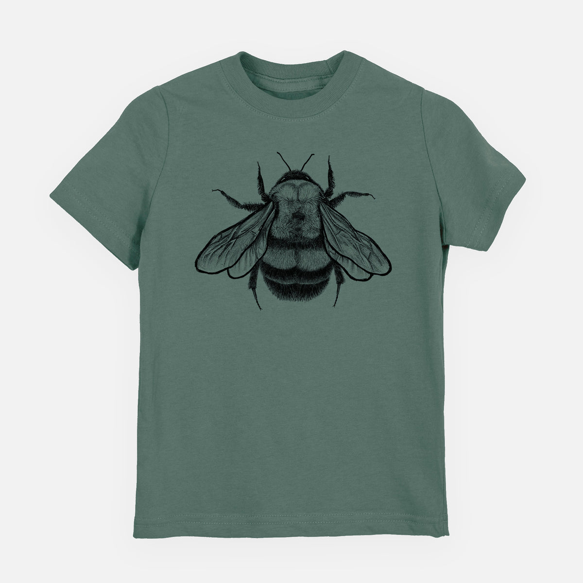 Basil green youth t-shirt laid flat, printed with a detailed black ink illustration of a rusty patched bumble bee with its wings spread, seen from above.