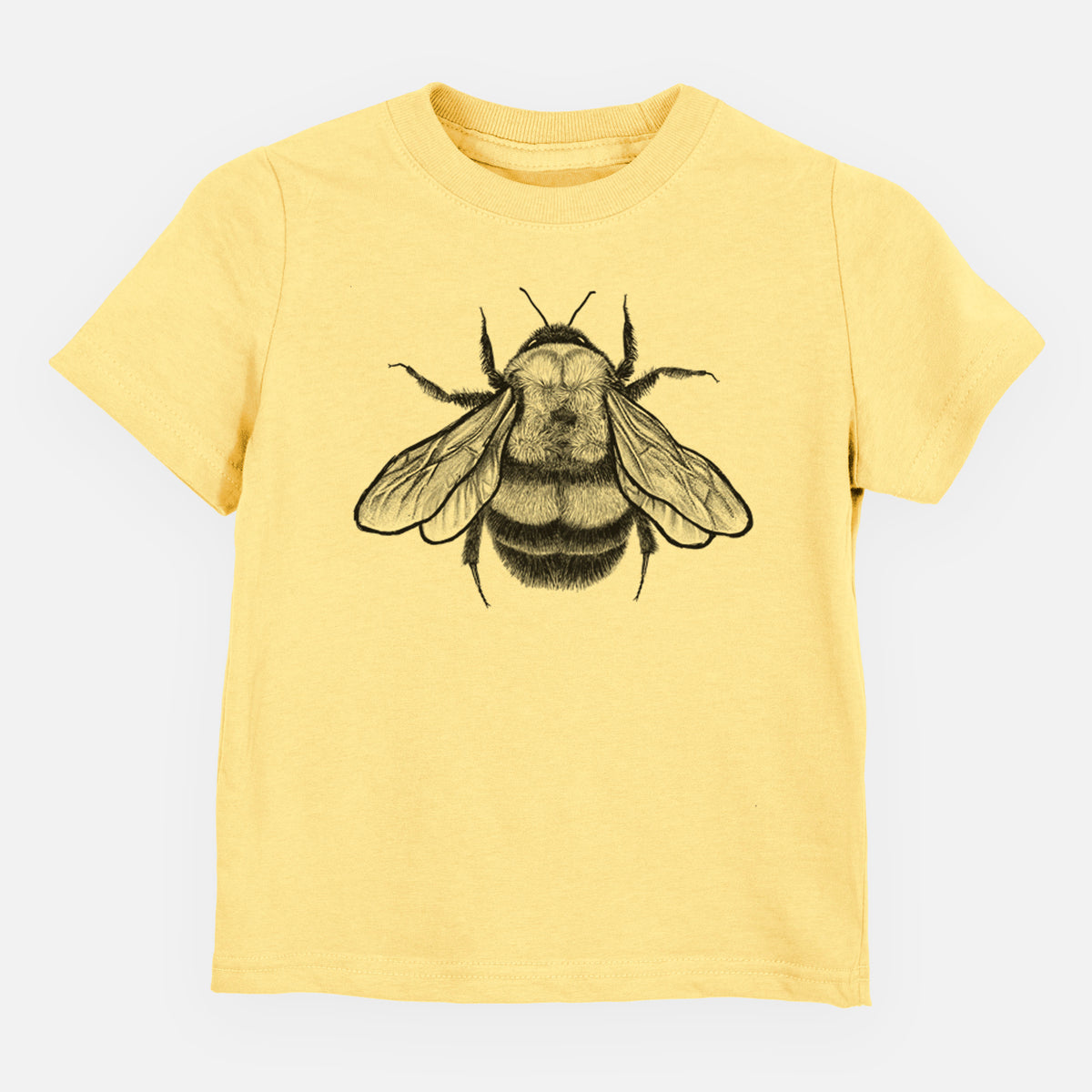 Butter yellow toddler t-shirt laid flat, printed with a detailed black ink illustration of a rusty patched bumble bee with its wings spread, seen from above.