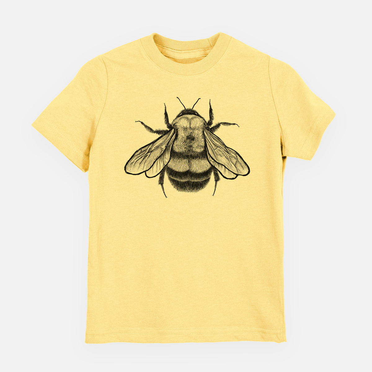 Butter yellow youth t-shirt laid flat, printed with a detailed black ink illustration of a rusty patched bumble bee with its wings spread, seen from above.