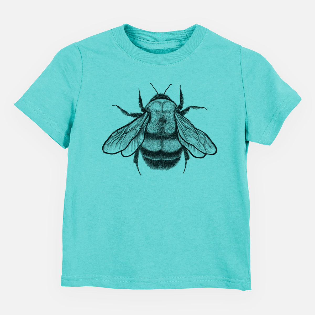 Caribbean blue toddler t-shirt laid flat, printed with a detailed black ink illustration of a rusty patched bumble bee with its wings spread, seen from above.