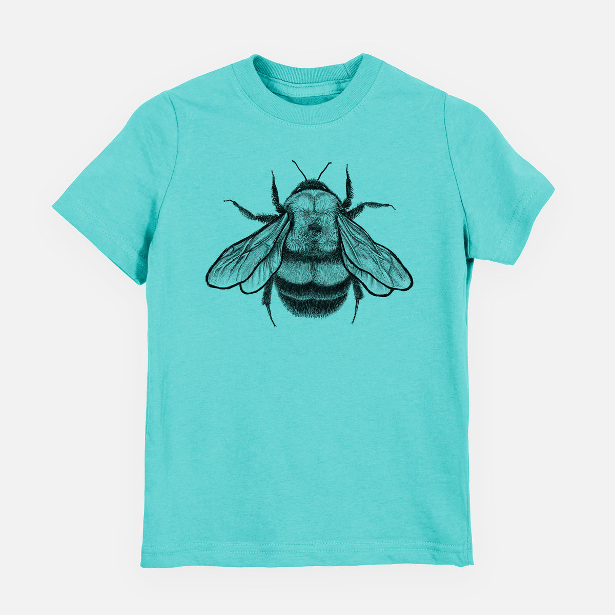 Caribbean blue youth t-shirt laid flat, printed with a detailed black ink illustration of a rusty patched bumble bee with its wings spread, seen from above.