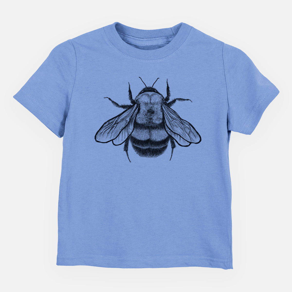 Carolina blue toddler t-shirt laid flat, printed with a detailed black ink illustration of a rusty patched bumble bee with its wings spread, seen from above.