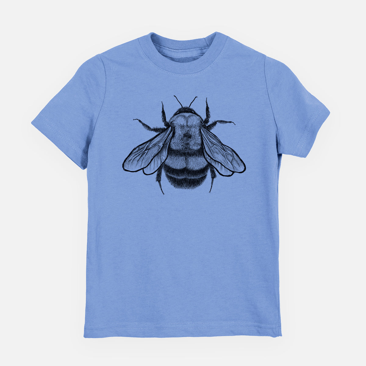 Carolina blue youth t-shirt laid flat, printed with a detailed black ink illustration of a rusty patched bumble bee with its wings spread, seen from above.