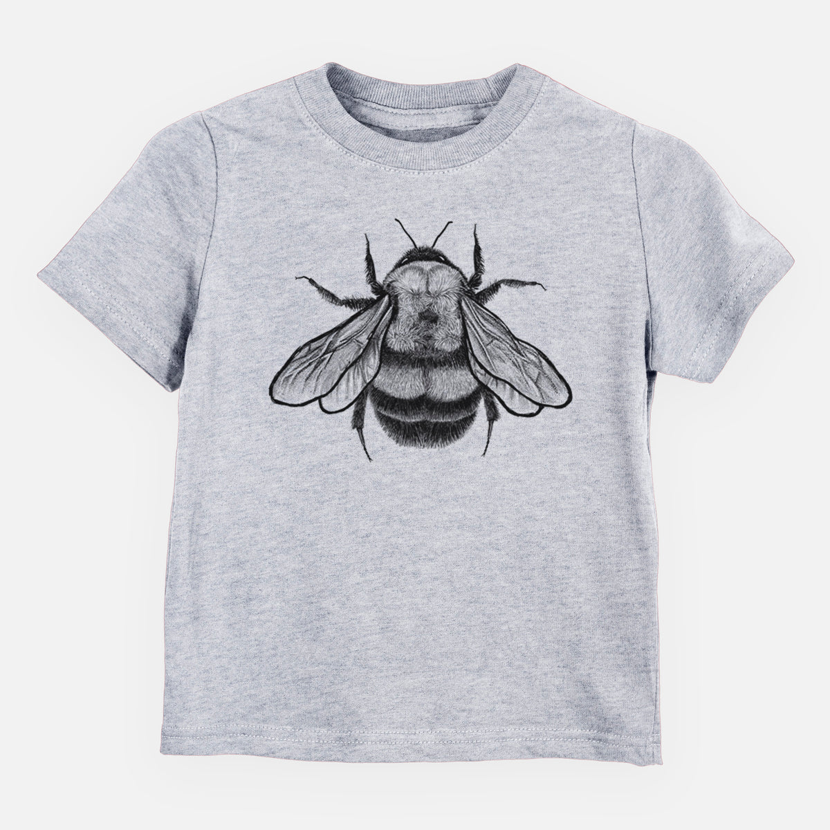 Heather grey toddler t-shirt laid flat, printed with a detailed black ink illustration of a rusty patched bumble bee with its wings spread, seen from above.