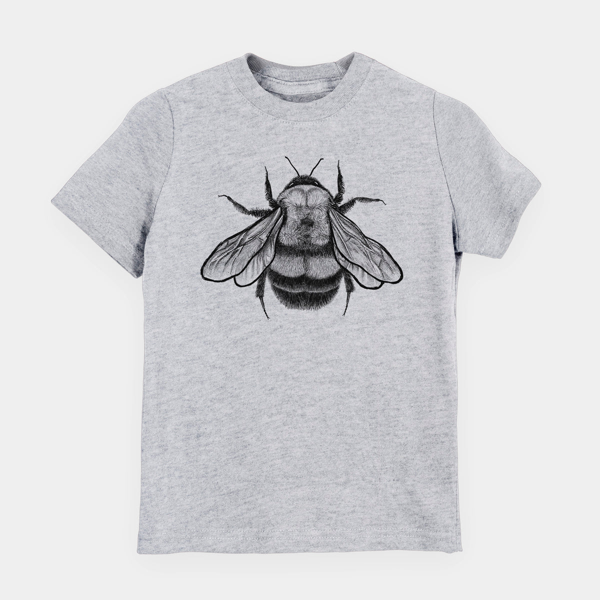Heather grey youth t-shirt laid flat, printed with a detailed black ink illustration of a rusty patched bumble bee with its wings spread, seen from above.