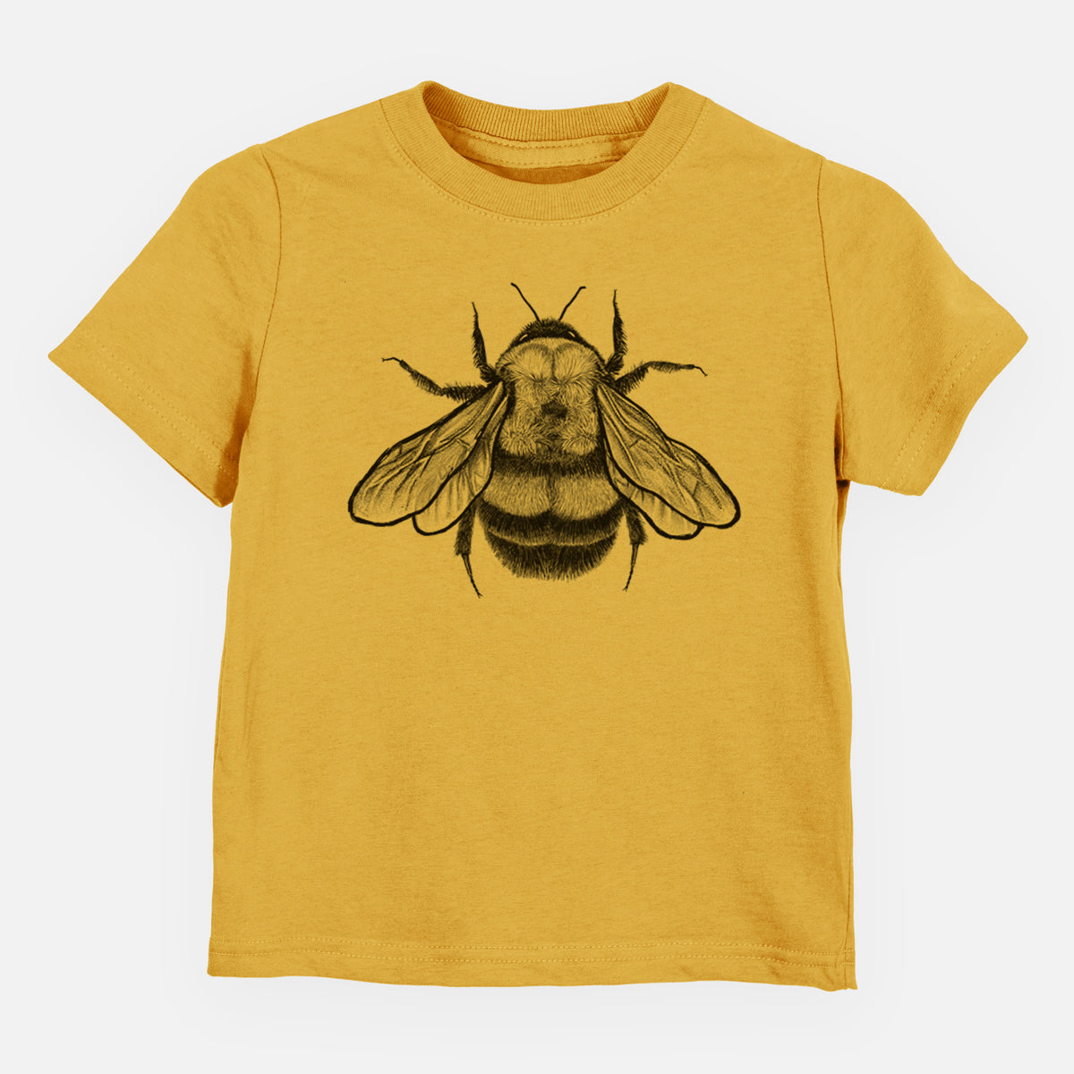Honeycomb yellow toddler t-shirt laid flat, printed with a detailed black ink illustration of a rusty patched bumble bee with its wings spread, seen from above.