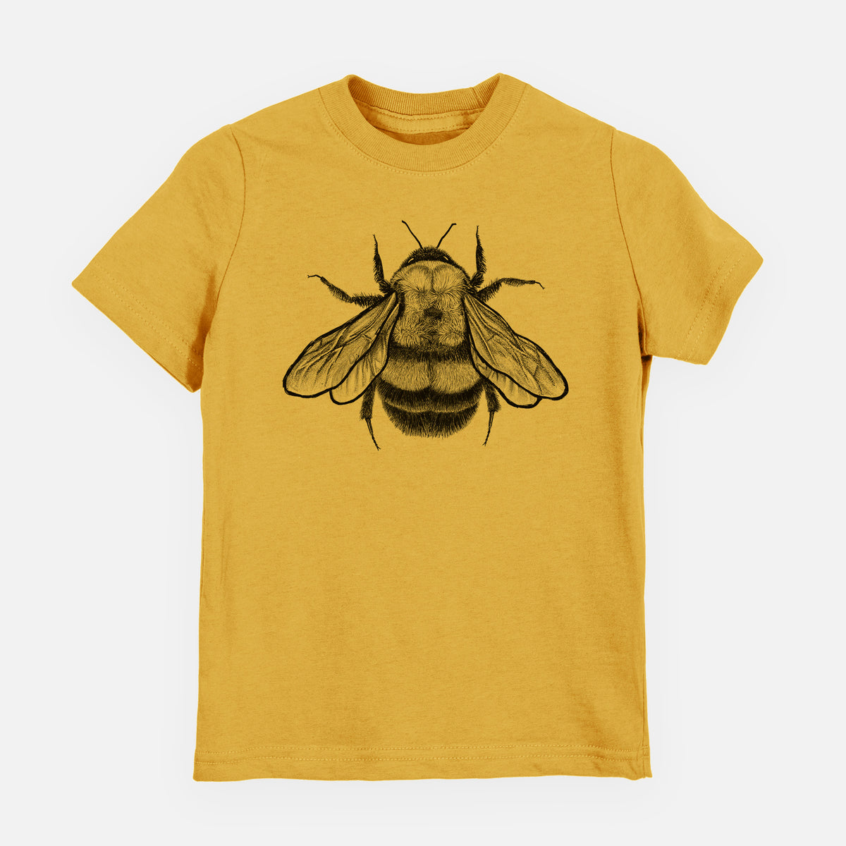 Honeycomb yellow youth t-shirt laid flat, printed with a detailed black ink illustration of a rusty patched bumble bee with its wings spread, seen from above.