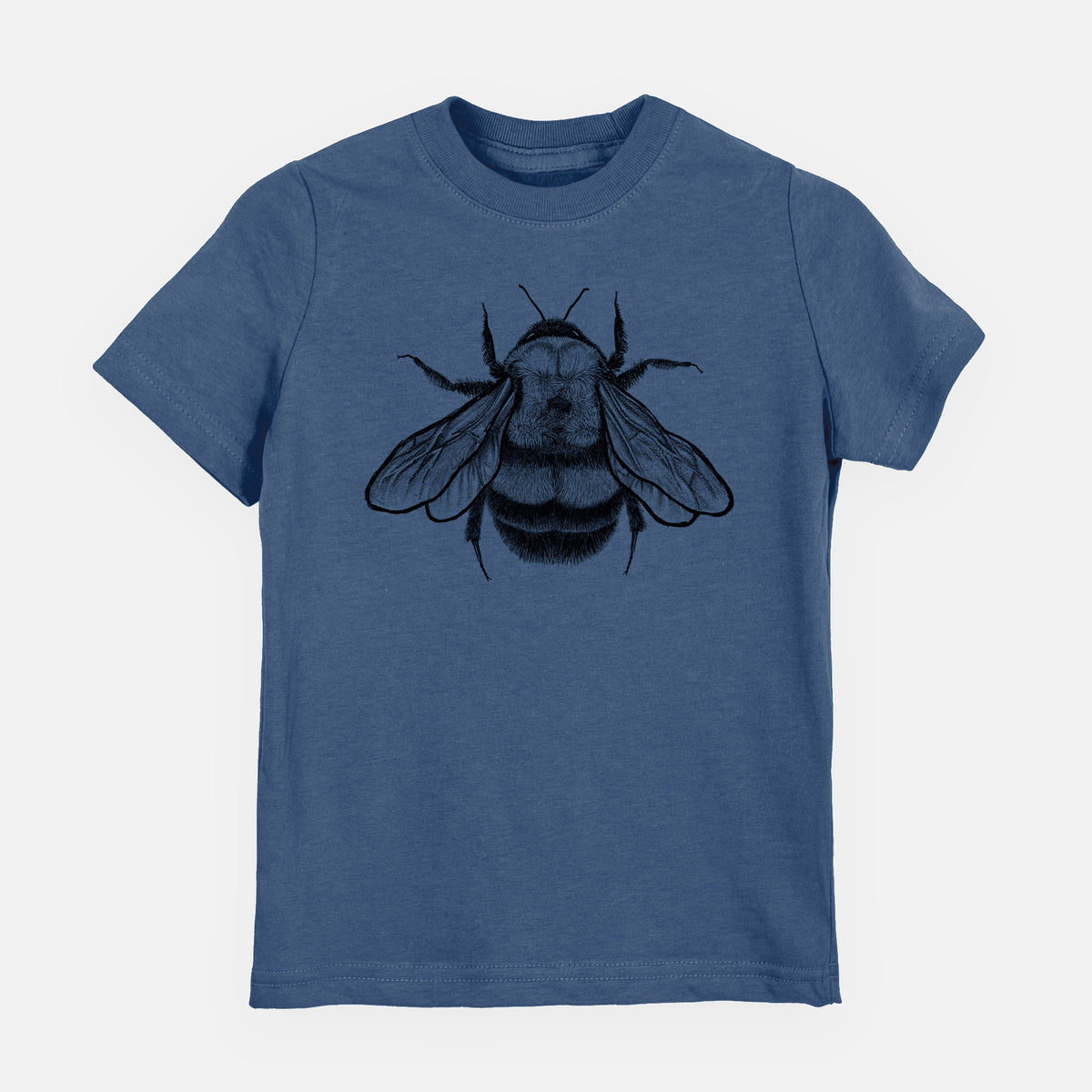 Indigo blue youth t-shirt laid flat, printed with a detailed black ink illustration of a rusty patched bumble bee with its wings spread, seen from above.