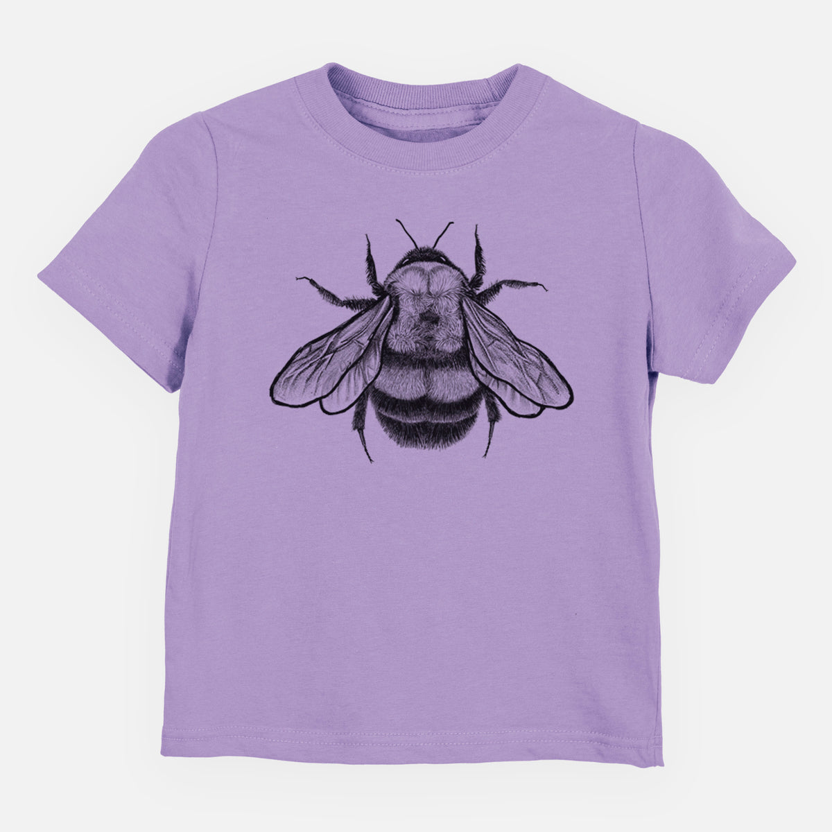 Lavender toddler t-shirt laid flat, printed with a detailed black ink illustration of a rusty patched bumble bee with its wings spread, seen from above.