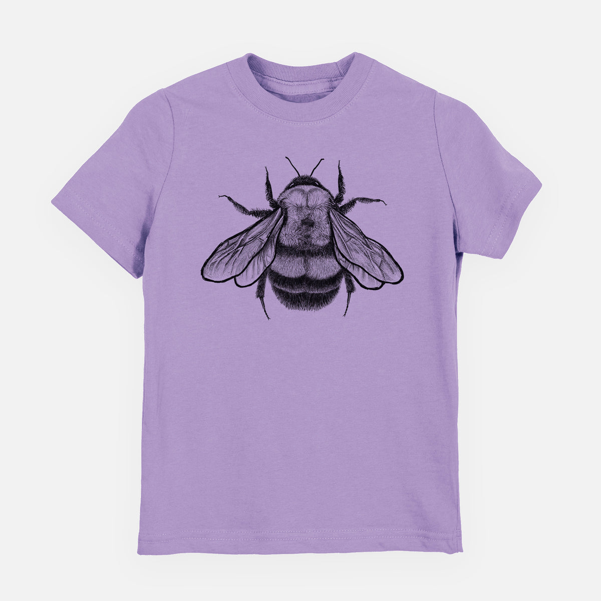 Lavender youth t-shirt laid flat, printed with a detailed black ink illustration of a rusty patched bumble bee with its wings spread, seen from above.