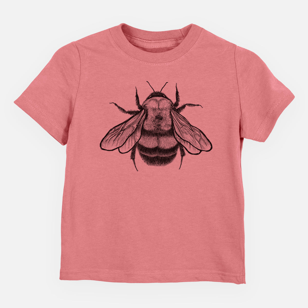 Mauve pink toddler t-shirt laid flat, printed with a detailed black ink illustration of a rusty patched bumble bee with its wings spread, seen from above.
